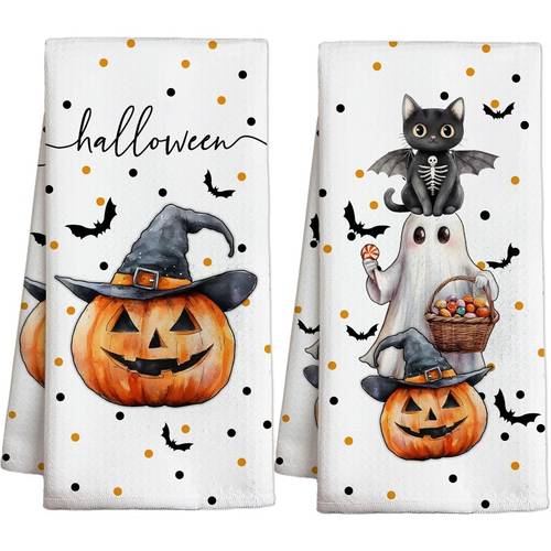 2pcs 18 26 inch kitchen dish rags halloween kitchen towels black cat pumpkin bats lantern halloween kitchen towels gifts for women men indoor party decorations