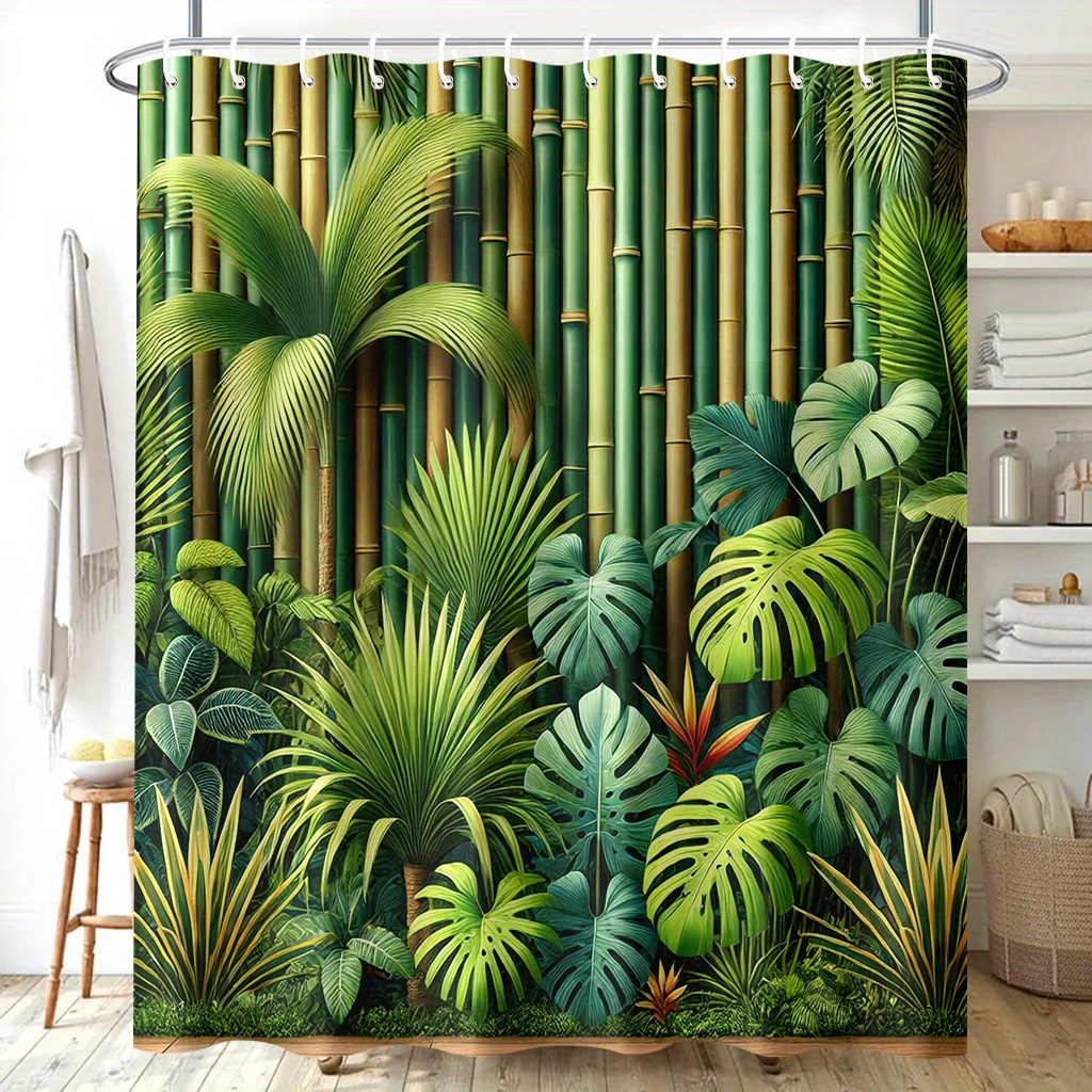 TEMU 2d Flat, 2d Flat, This 2d Printed Shower Curtain Features A Design With Walls And Green Leaves, Complete With Hooks. Made From Polyester,