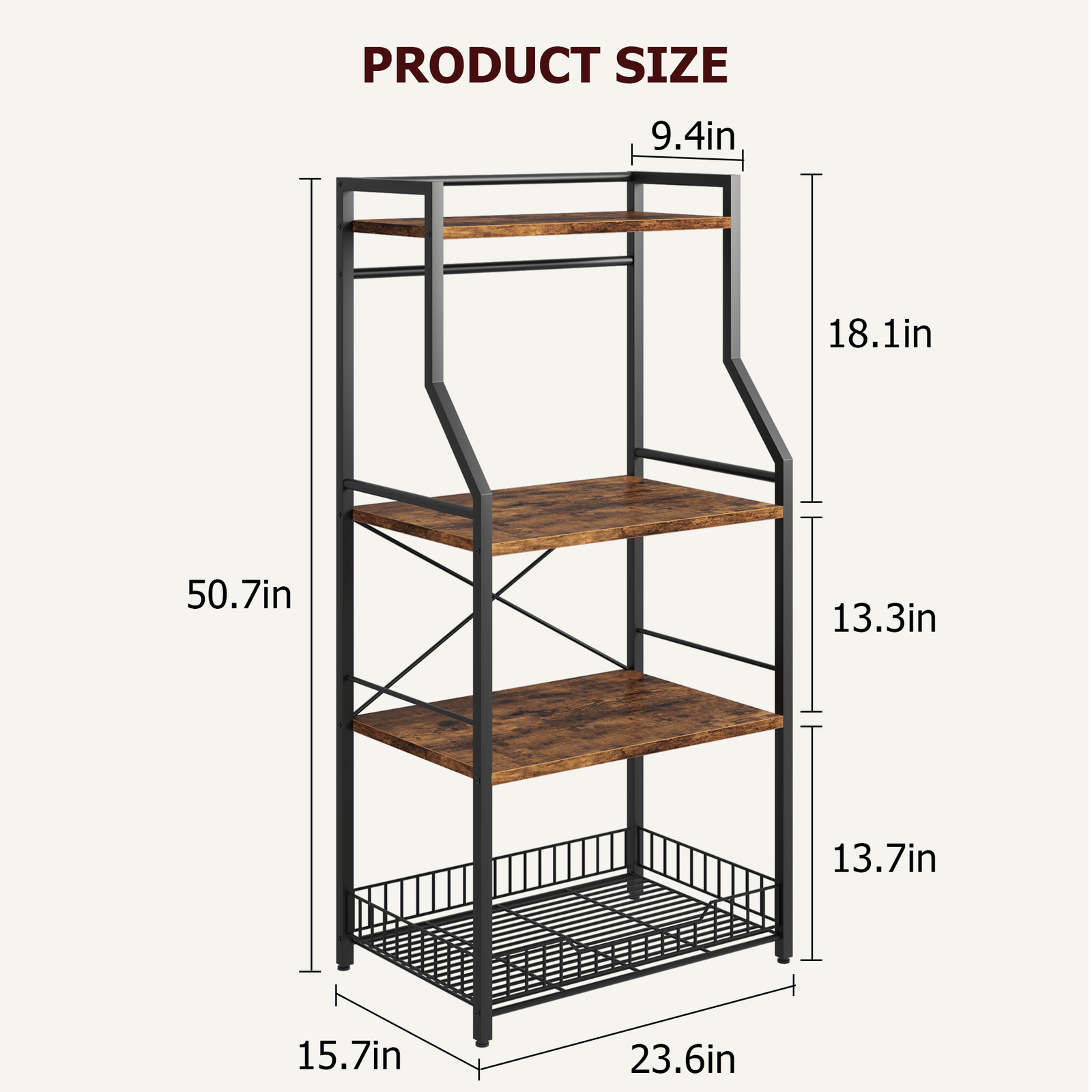 Image of 4-tier Kitchen Baker Rack - Microwave Oven Stand With Large Basket, 8 Hooks, Industrial Coffee Bar Station, Utility Storage Shelf Organizer For Spices, Pots, And Pans