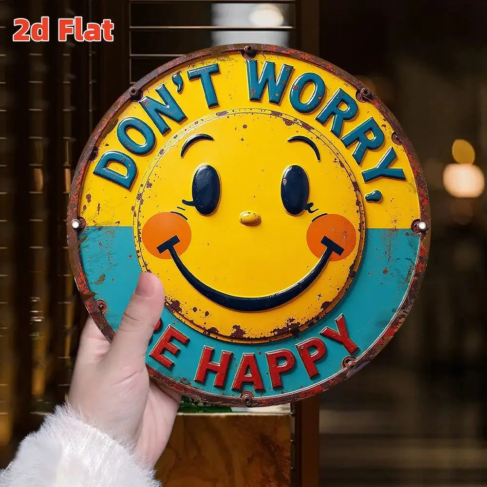 E-shop 2D Flat - Runde Metall Wanddekoration 2D Flat, "Keine Sorgen, sei " - Großes Schild mit einem fröhlichen Gesicht von 7,8 Zoll (19,8 cm) und