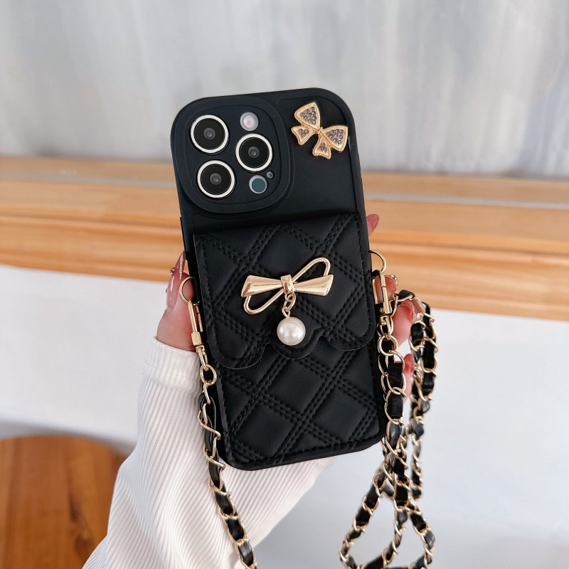 TEMU Phone Case: Creative Fashion Bow Card Holder Lanyard Phone Case For Iphone 11, 12, 13, 14, 15, 16, 17 Pro & 17 Air - Full-body Shockproof
