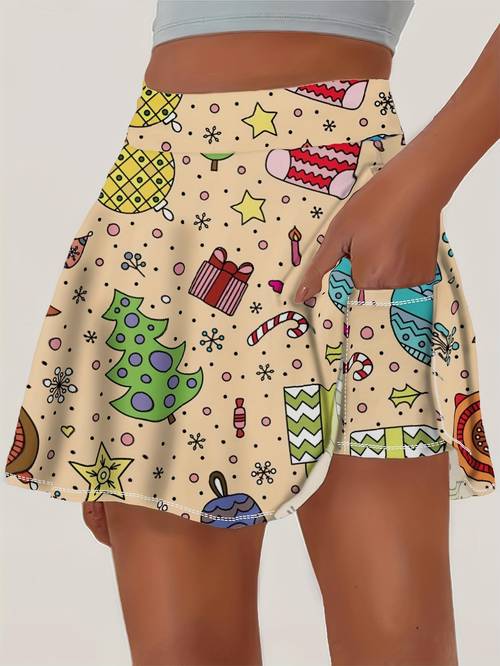 Women S Christmas-Themed Printed Ball Pleated Tennis Golf Skort Yoga Outdoor Sports Mini Skirt, a Christmas Must-Have Elastic Fabric, Anti-Exposure Design