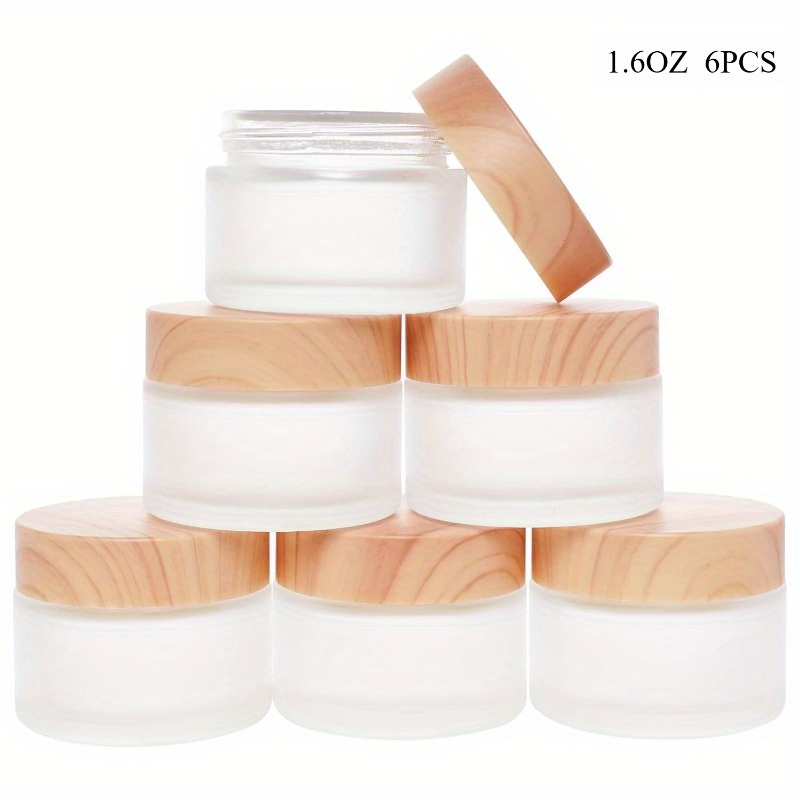 TEMU 6pcs Frosted Glass Cosmetic Jars With Wood Grain Lids, Refillable & Leak-proof, Empty Sample Containers For Makeup, Lotion, Eye Creams, Scrub