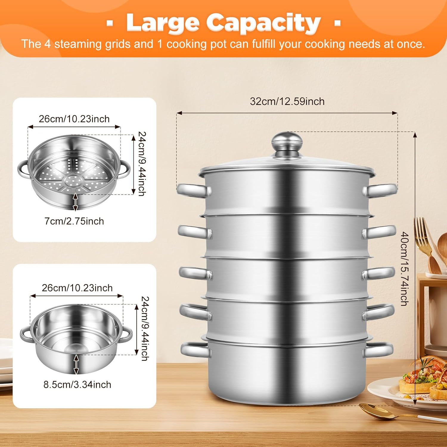 Cuit-vapeur 3 étages Inox + Couvercle Verre – Cuisson Saine, Tous Feux - 8