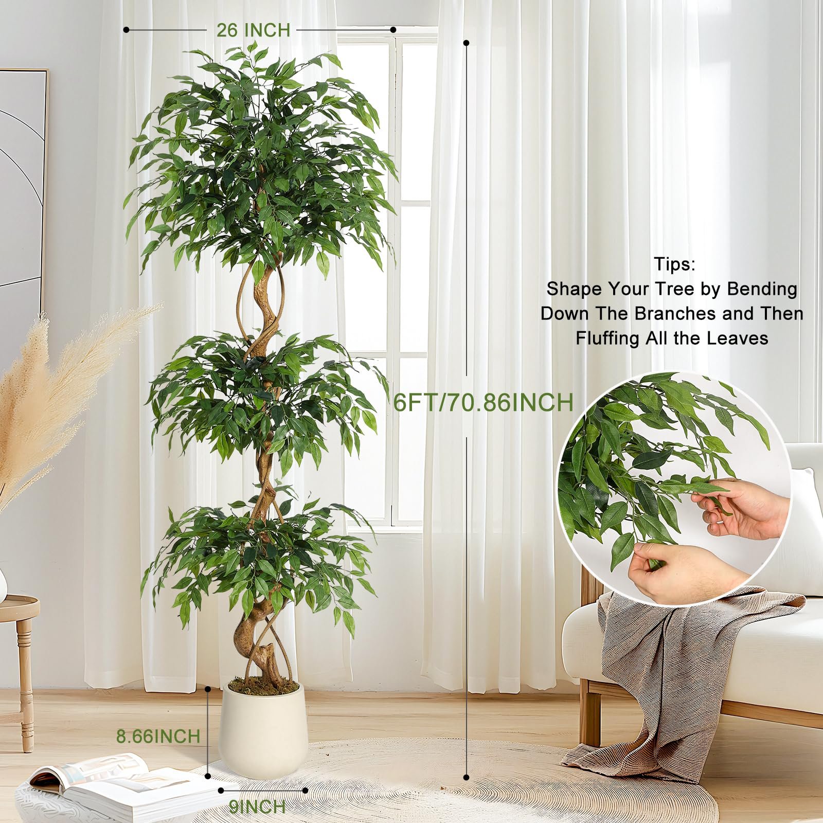 Image of 6 Foot Height Artificial Potted Tree Textured Curved Trunk Lifelike Soft Foliage 0 Maintenance Faux Greenery Premium Floor Plant For Modern Home Office Interior Styling