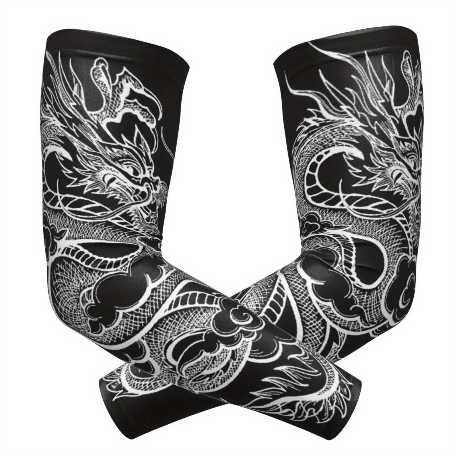 TEMU Pair Of Black Compression Arm Sleeves With White Dragon & Cloud Pattern - Knit Design, Breathable & Stylish For Gym, Yoga, Outdoor Activities,
