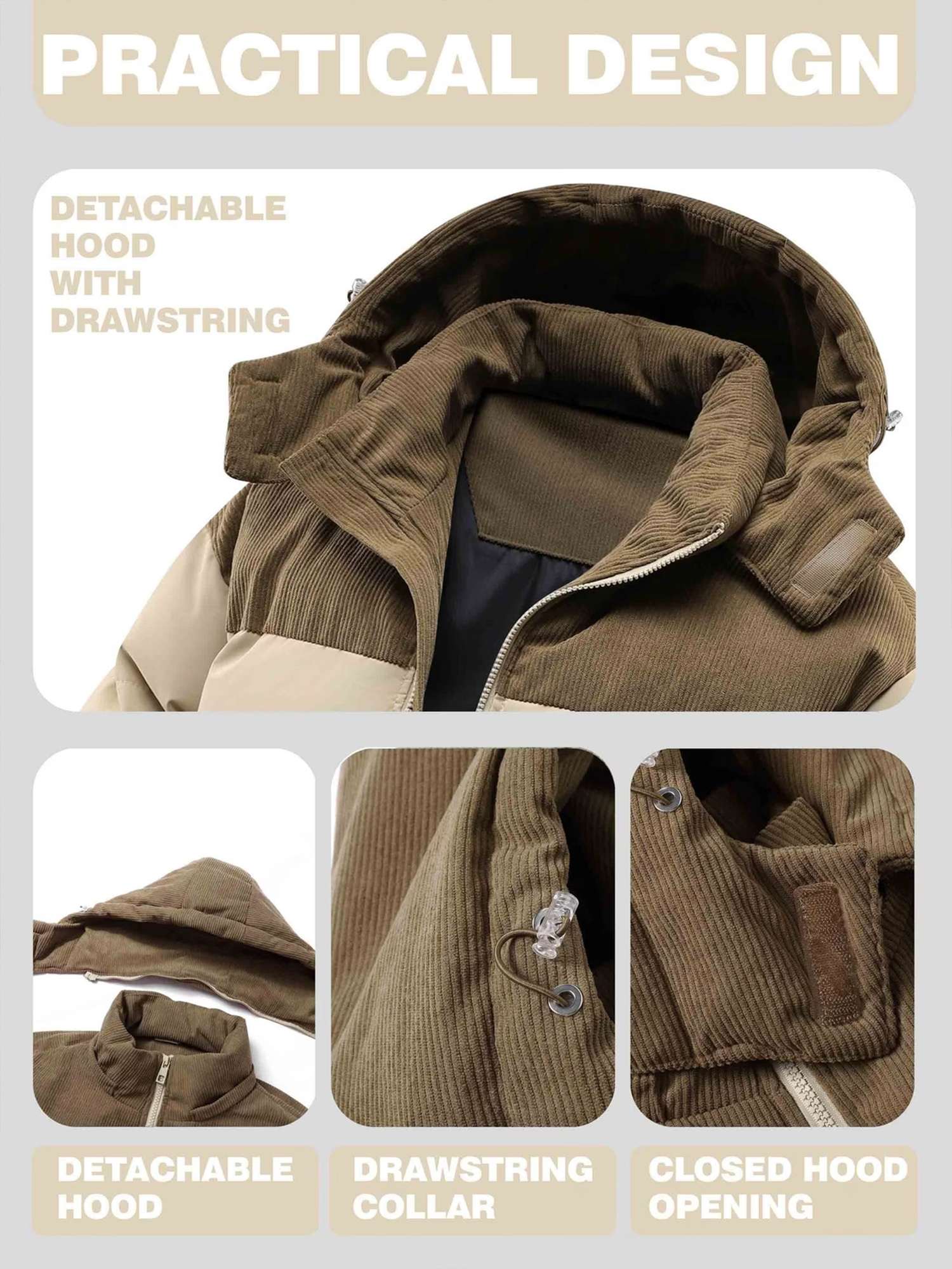 Men's Winter Hooded Corduroy Jacket with Mountain Pattern Print