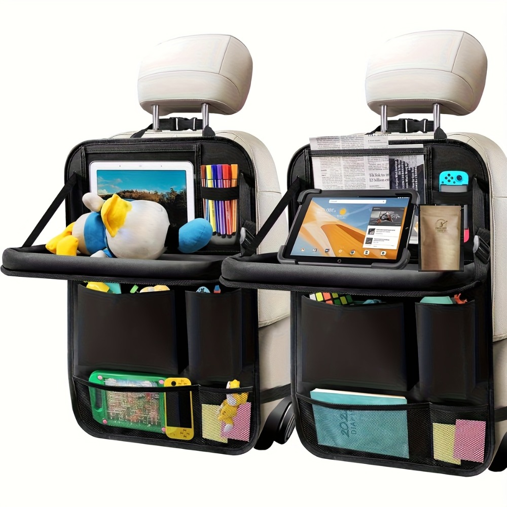 car backseat organizer with foldable table   storage pockets car storage organizer with tablet holder car seat back protectors kick mats   black