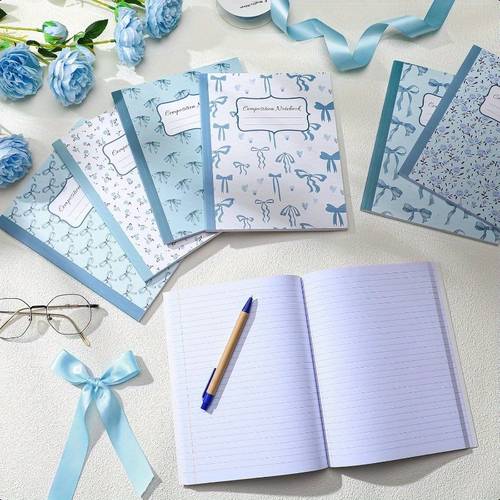 6pcs bow composition notebooks preppy coquette notebook college ruled journal 110 page cute back to school gift for teacher day of school blue 93 4 x 71 2