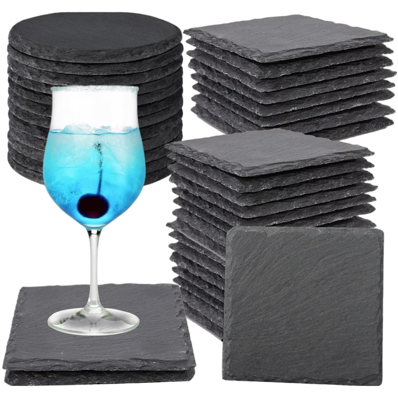 16 Slate Coasters, Dofiki 4 Inch Black Stone Coaster Set, Laser Engraving Blank Coasters (8 Square + 8 Round) With Scratch-resistant Base, Suitable For Home, Office, Kitchen, Apartment, Bar, Patio
