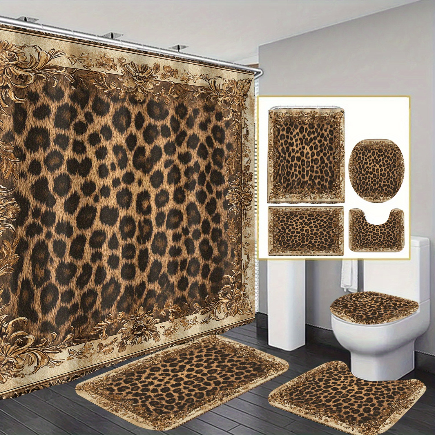 

Leopard Print Theme Shower Curtain Waterproof 12 Hooks Suitable For Room Machine Washable Curtain Waterproof Bathroom 1pc/4pcs