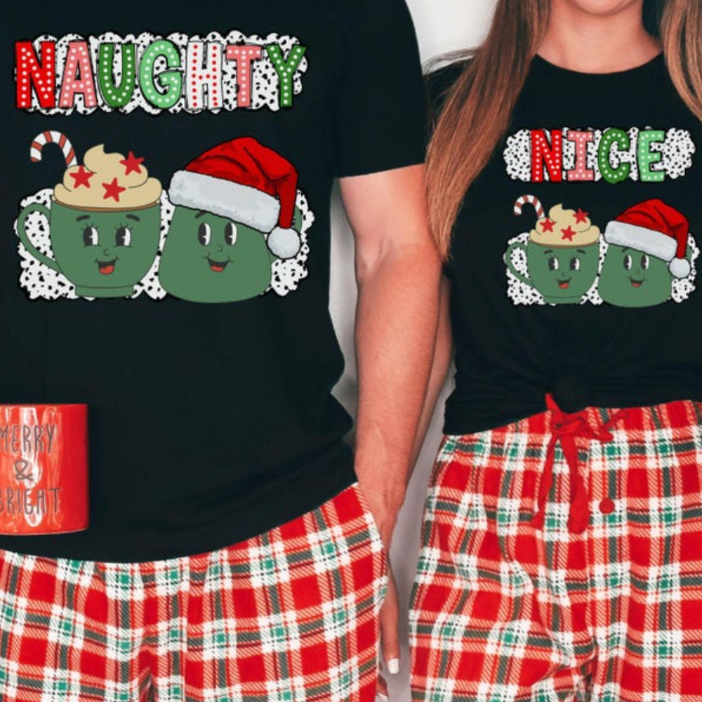 

Funny Matching Christmas Couples Pajamas - Cozy Cotton T-shirts, Machine Washable, Holidays & Casual