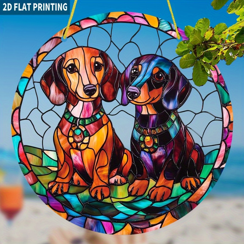 TEMU 2d Flat, 2d Colorful Dachshund Suncatcher - 7.87-inch Round Acrylic Window Hanging, Vivid Stained Decoration, Suitable For Home And Office, A