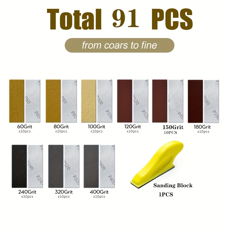TEMU Ensemble de ponceuses de luxe 30 x 93 mm, 90 pièces, mini bloc de ponçage manuel 3-en-1 amélioré, grain 60-400 adapté au travail , aux espaces