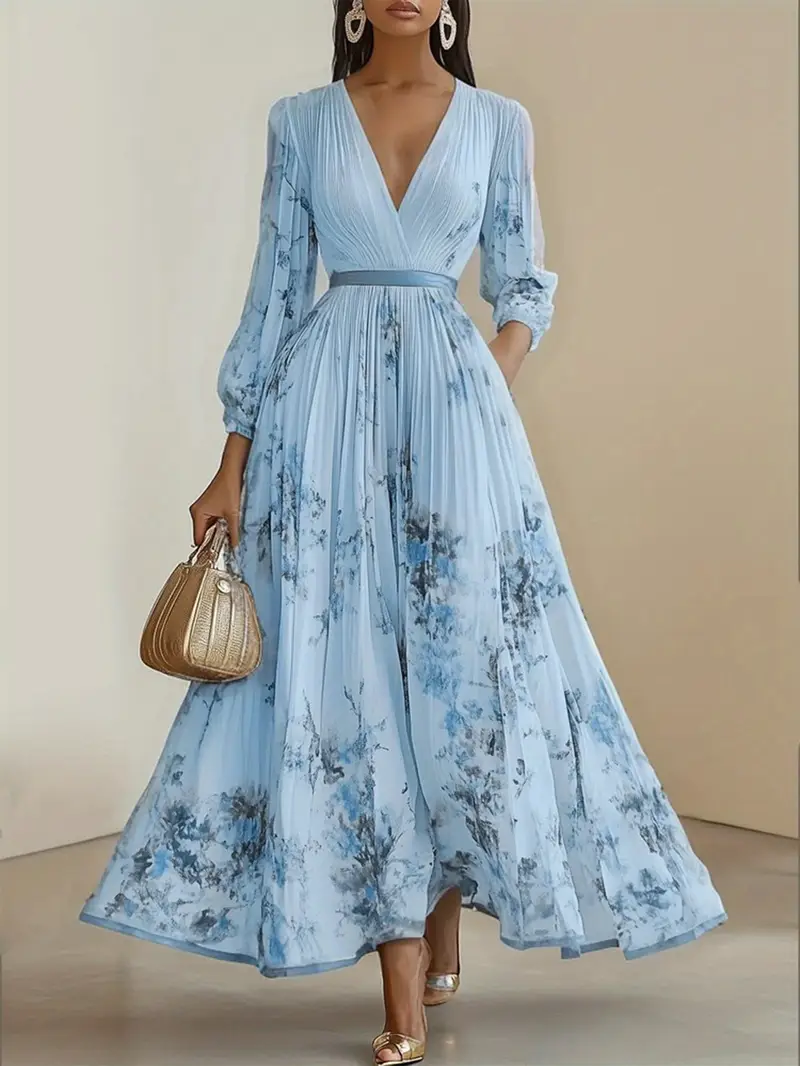 womens elegant floral print long dress flowy a line formal casual gown v neck long dress for parties outfits summer womens clothing floral print dress party attire sophisticated style pleated hem office wear comfortable material adult clothing Product details 5