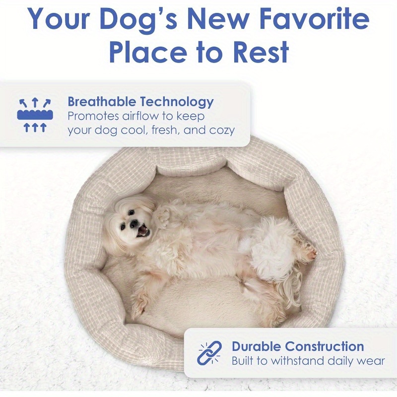 26 clamshell cuddler dog bed for medium large dogs plush popcorn texture non slip bottom machine washable ultra soft polyester with   support stylish pet bed for hardwood tile floors big dog bed cozy indoor resting elegant pet furniture durable supportive filling   fabric Product details 1
