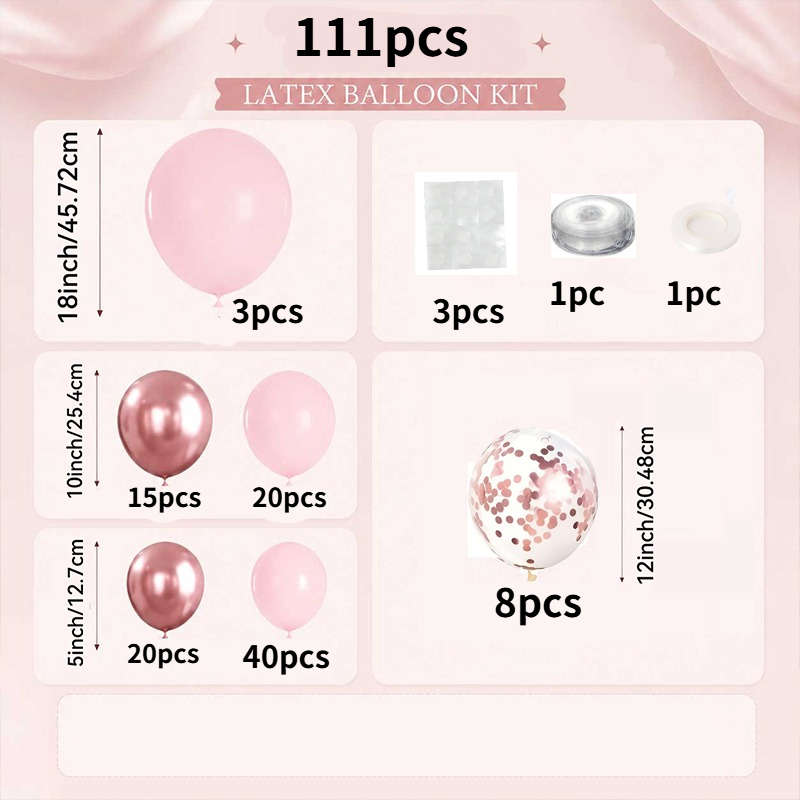 TEMU 111pcs Pink-themed Wedding Arch Balloon Set, Including 5/10/12/18-inch Pink, Rose Golden, And Rose Golden Sequined Balloons. Are Soft And