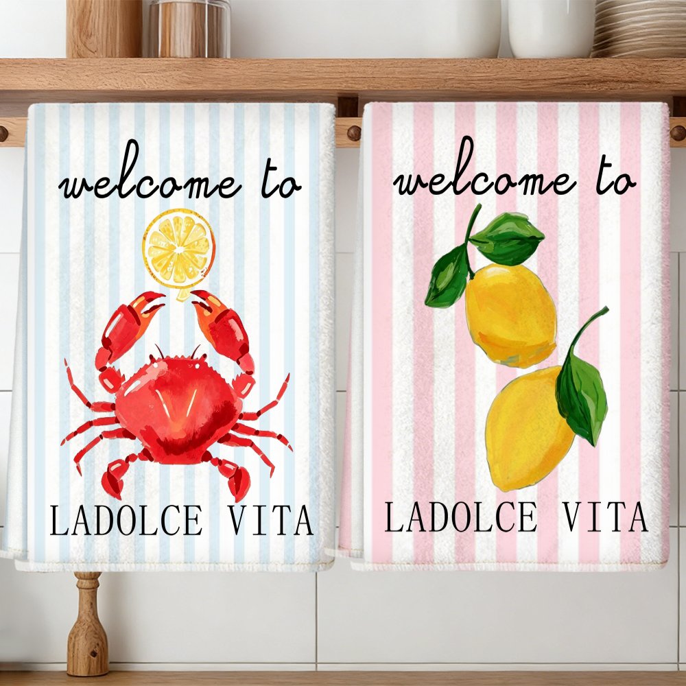Image of Crab Lemon Stripes Welcome Vita Pattern Printed Kitchen Towels, Cleaning Cloths, Neighbor Gifts, Mom Gifts, Birthday Gifts, Sweet Housewarming Gifts For , Kitchen Accessories, Decorations, Daily