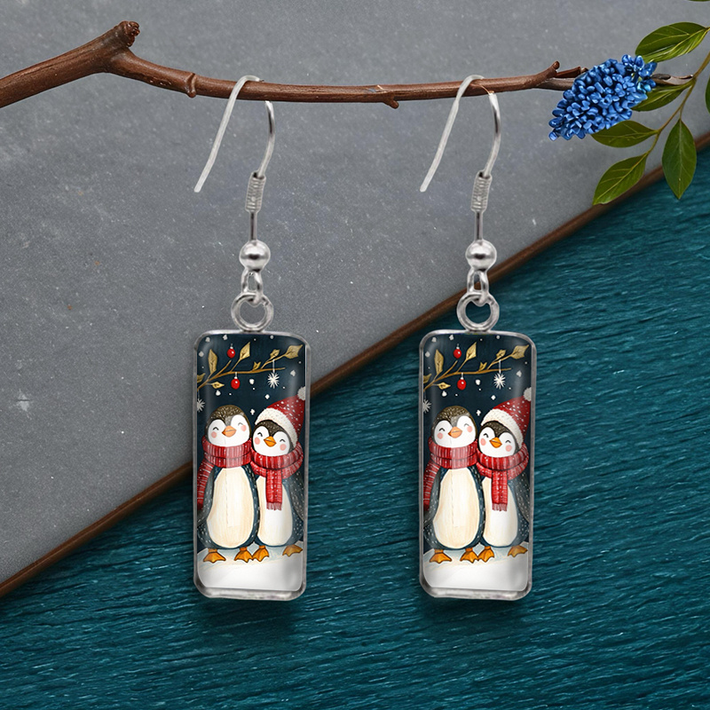 TEMU A Pair Of Stylish Square-shaped Earrings Featuring Warm Penguins, Handcrafted From Glass, Without Battery