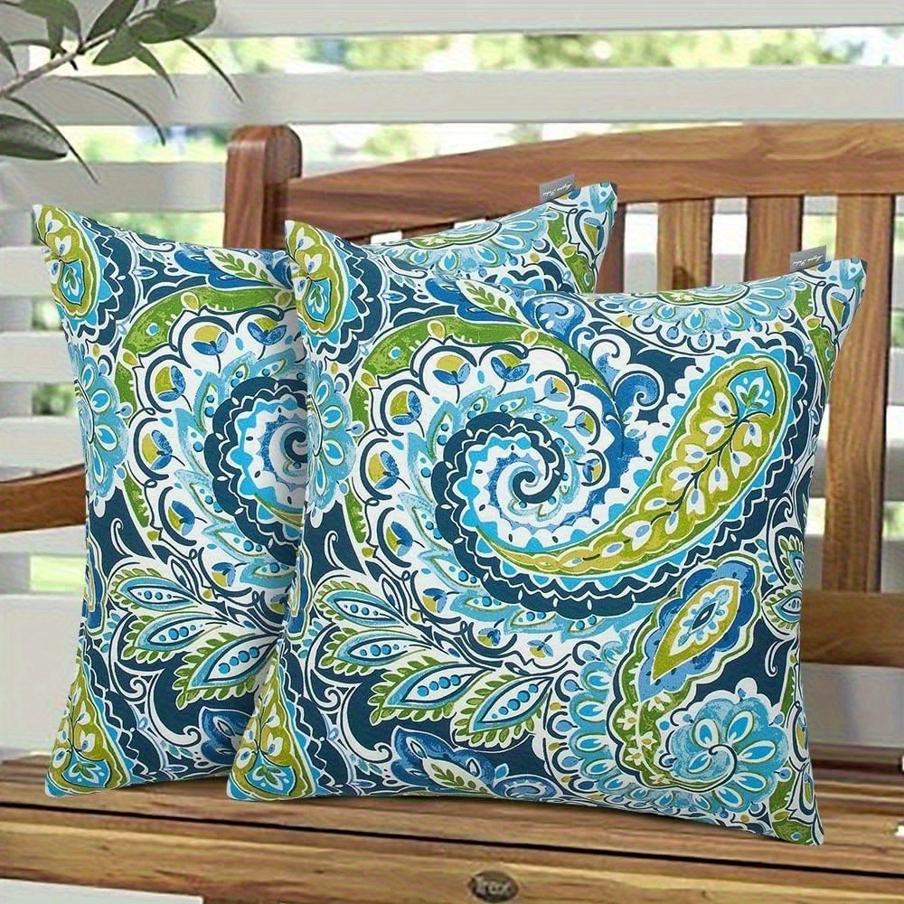 Pack Of 2 Indoor Outdoor Throw Pillow Covers 18 X 18 Inch, Decorative Pillowcase Shell Cushion Sham For Garden Patio Tent Balcony Couch Sofa(paisley Lapis Green)