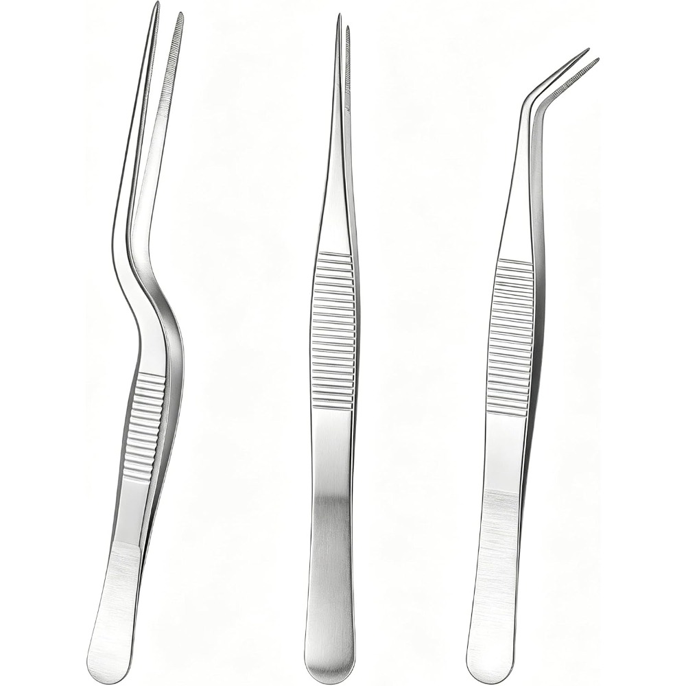 TEMU 3pcs Set Of Stainless Steel Precision Tweezers Straight Tip Curved Tip Tweezers Multi-functional Long Handle Clips Rust-proof Tweezers Suitable