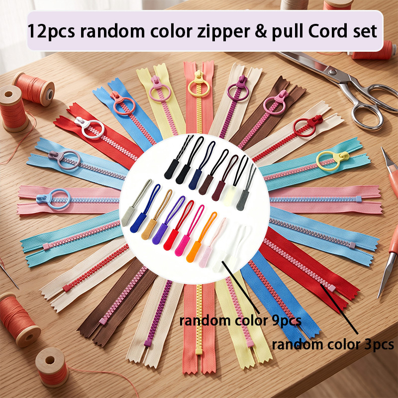 TEMU 12pcs Random Color 3# Resin Colored Zipper Pull Rope Set Closed-end Self-locking Contrast (inner Includes 3pcs 3# Resin Colored Zippers And 9pcs