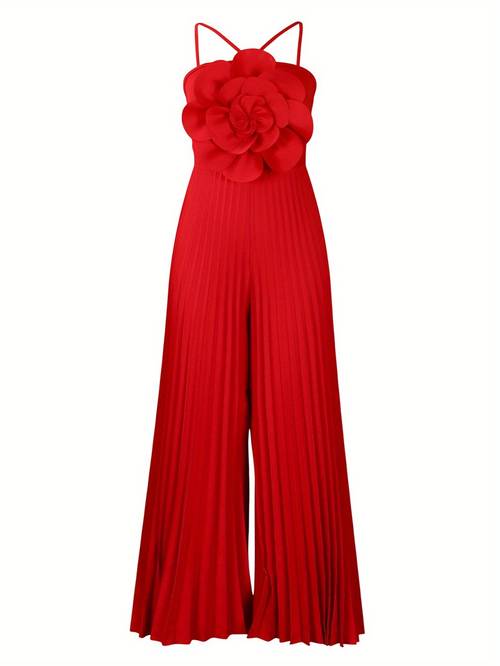 new womens european and hanging neck three dimensional flower solid color wide leg plus size trade jumpsuit