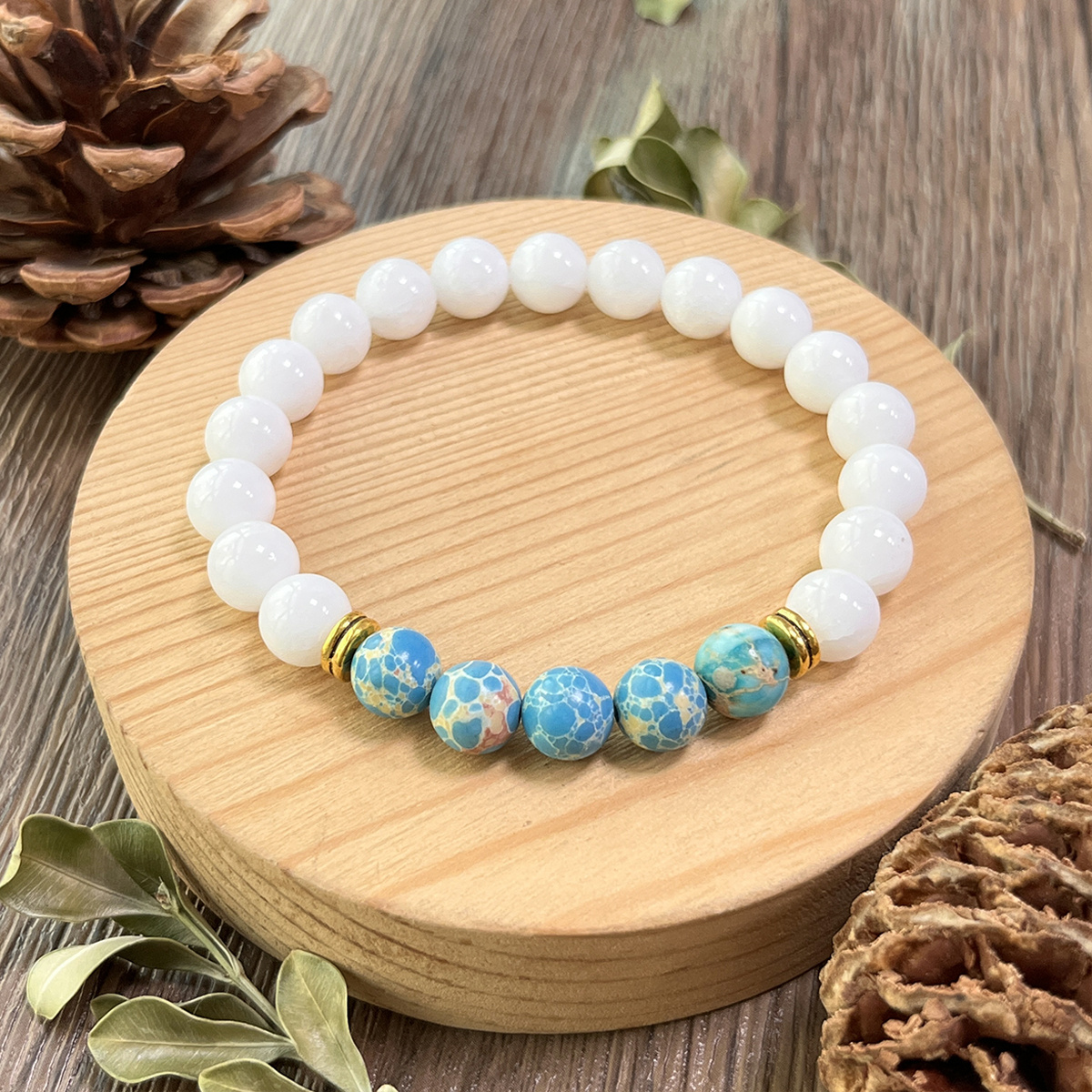 TEMU Elegant And Stylish Crystals 8mm White Jade And Blue Imperial Jade Beads. Mindset And Inspiration, A Unique Handmade Accessory Wear, Ideal As A