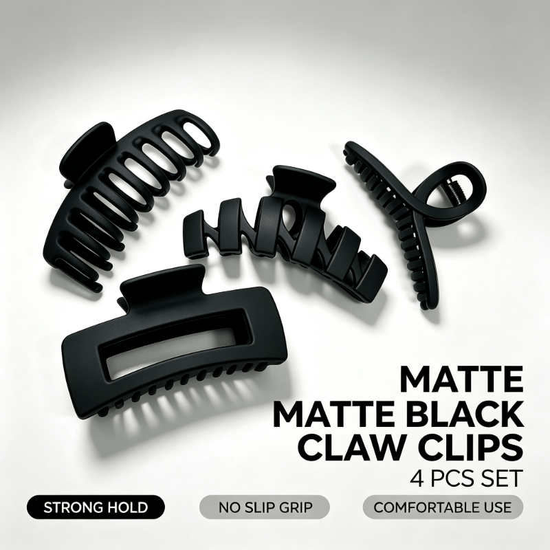 TEMU 4pcs Set Pack Matte Black Large Hair Claw Clips, Non-slip Jaw Hair Clips, Hair Additions For Thick And Fine Hair, Women' Fashion Hair Barrettes