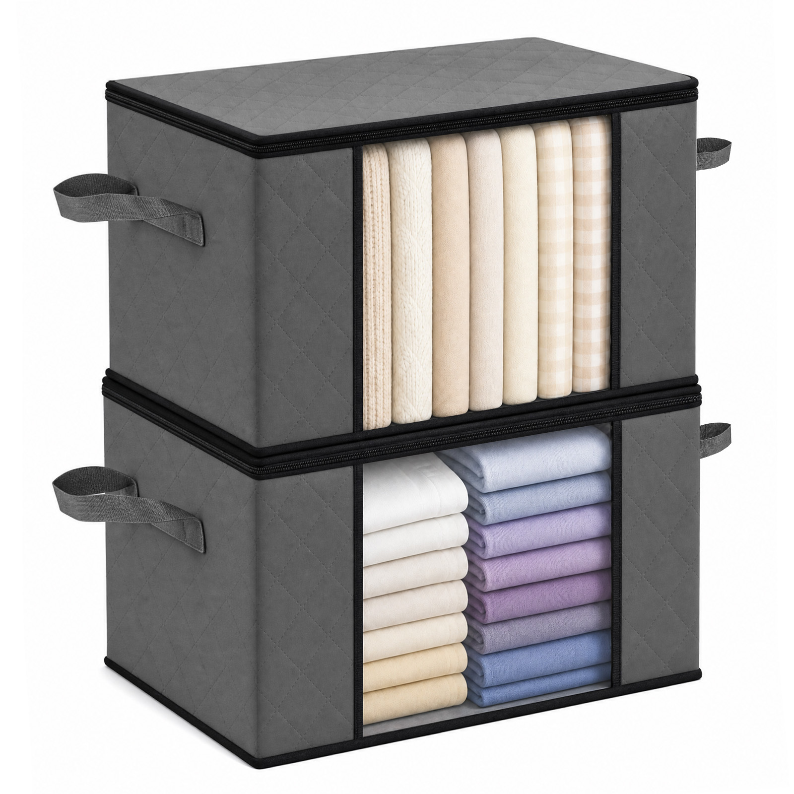 Image of Sekey Foldable Storage Bag 2/4 Pack - 60l/90l Fabric Box With Lid & Double Zipper, Space-saving Wardrobe Organizer For Clothes, Bedding, Blankets & Moving, Sturdy Carry Handles, Under-bed Storage