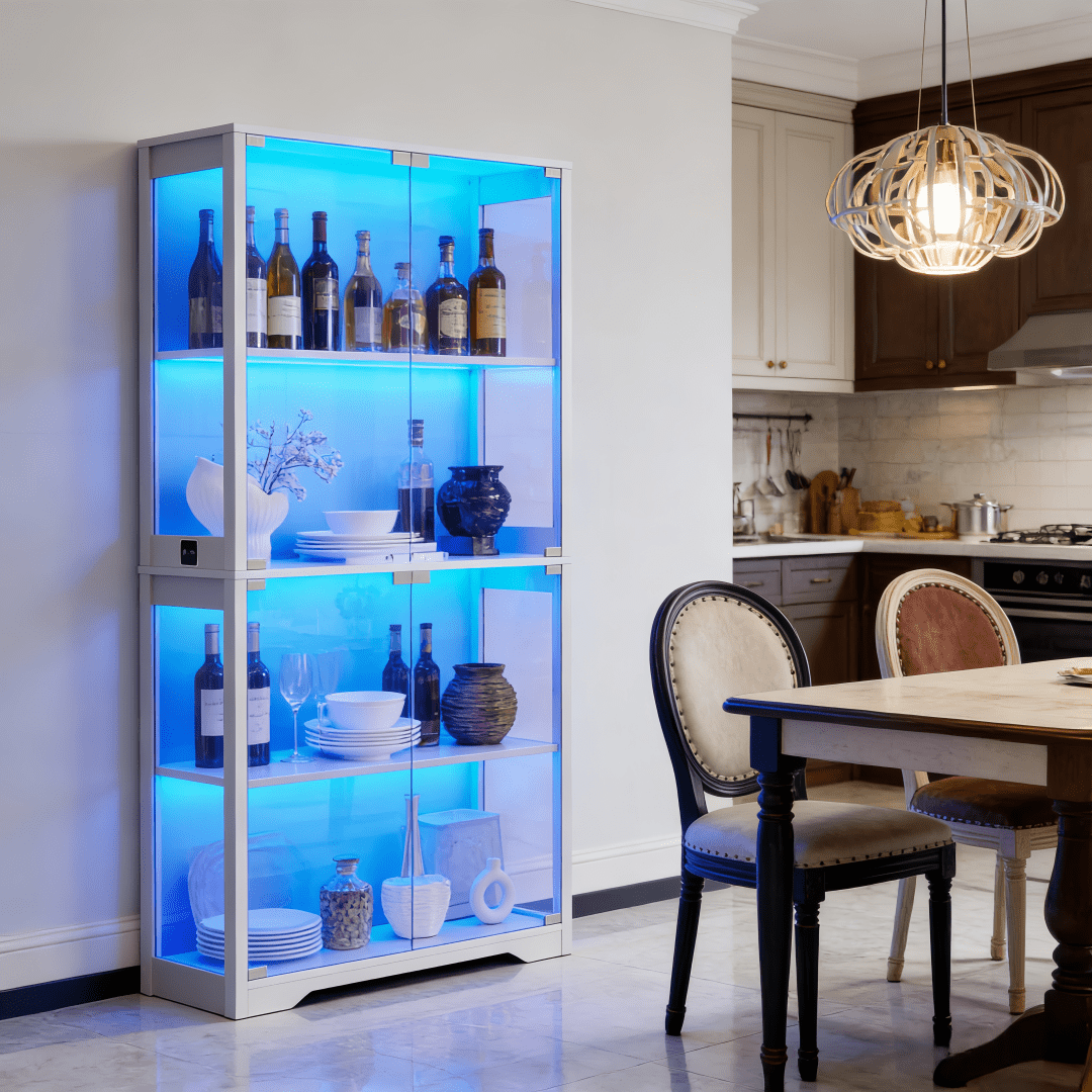 TEMU 4-tier Glass Display Cabinet With 3-color Led Lights Sensor Large Capacity Storage Cabinet For Tableware Cups Collectibles Dining Room Living