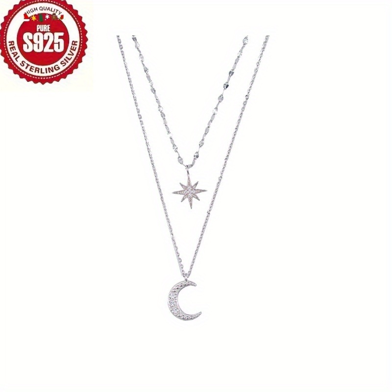 Women's S925 Sterling Silver Starry Moon Double Layered Pendant Necklace