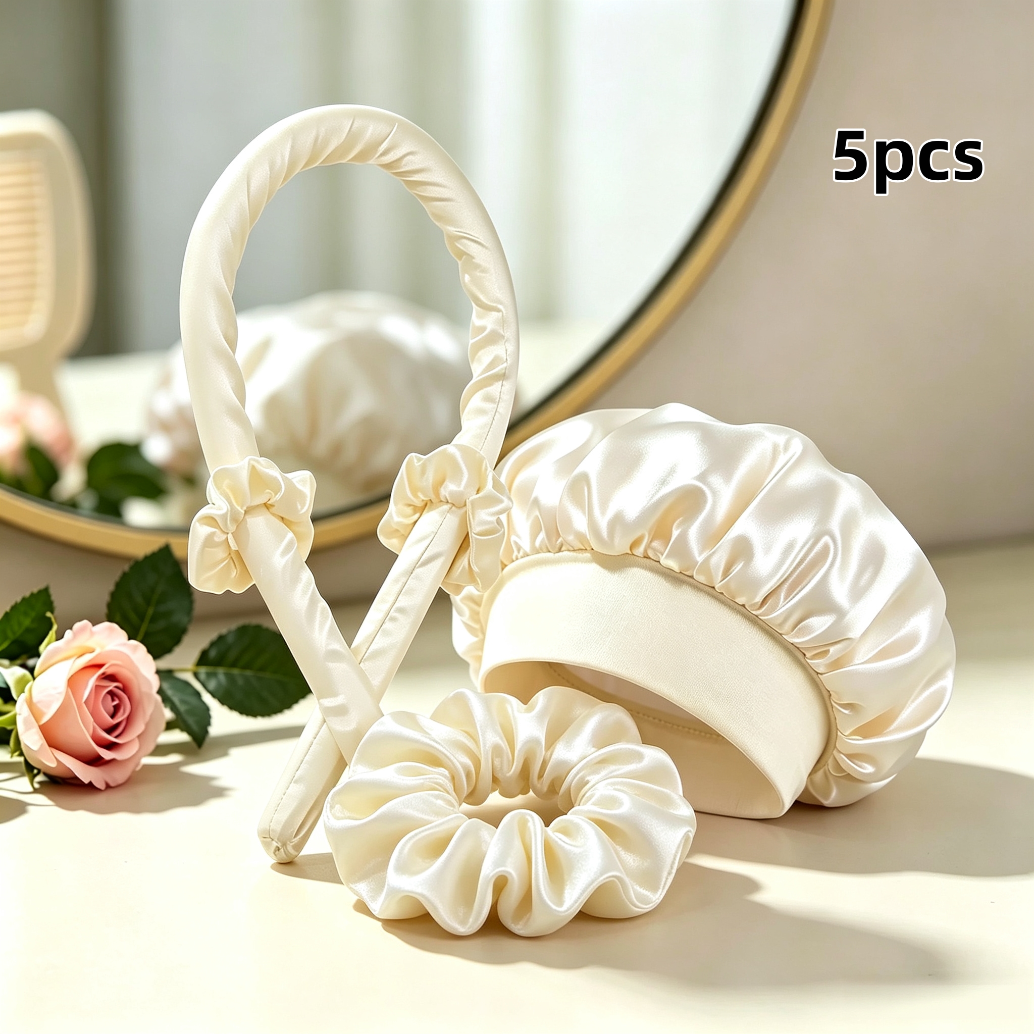 TEMU 5pcs Set: Women's Satin Sleep-in Manual Curling Rod With Matching Satin Sleep Bonnet, Rayon Scrunchie, And Satin Sleep Cap. A Diy Or Travel Hair