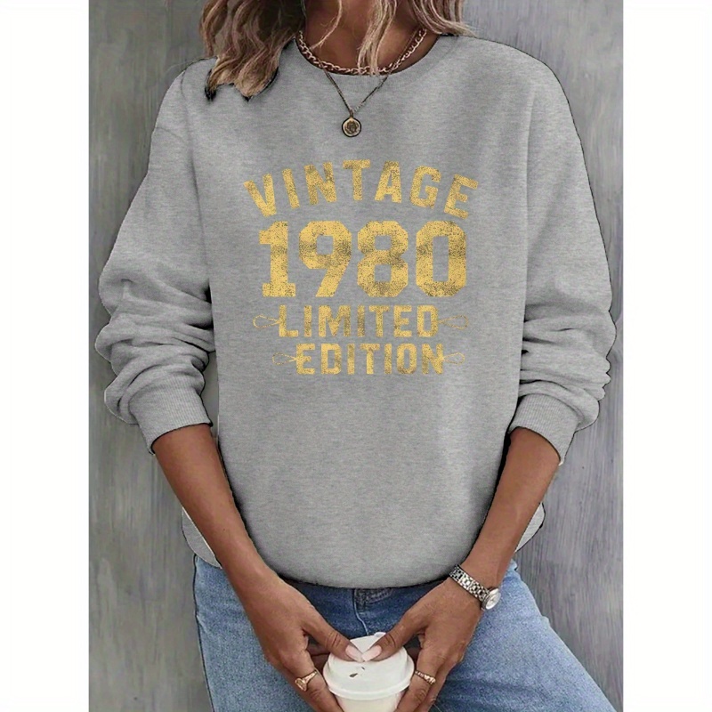 

Sweatshirt Vintage Édition Limitée 1980 à Imprimé - Pull Décontracté à Col Rond pour Femme, Noir avec Design Géométrique Doré, pour &