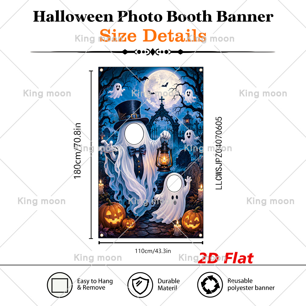 Image of 2d Flat, 2d Flat Banner, 1pc Halloween Photo Booth Banner, 180cm * 110cm/70.8in * 43.3in,, Gentleman Halloween Photo Booth Banner With Pumpkins, Graveyard & Bats, 2d Flat
