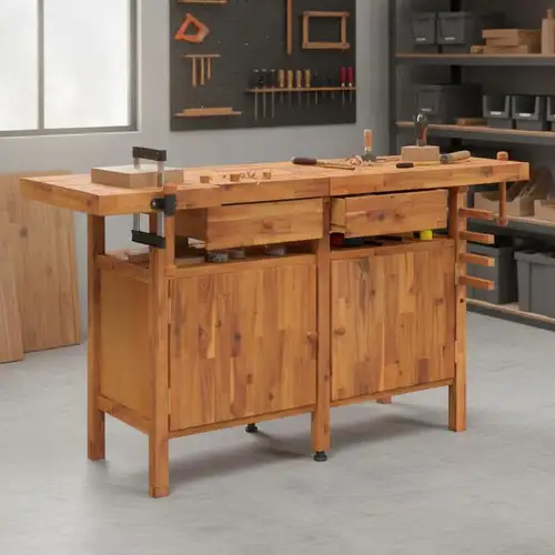 Home Items, Werkbank mit Schubladen und Schraubstock, 192 x 62 x 83 cm, Akazie, Massivholz, Anzugmöbel Home Items, Werkbank mit Schubladen und Schraubstock, 192 x 62 x 83 cm, Akazie, Massivholz, Anzugmöbel