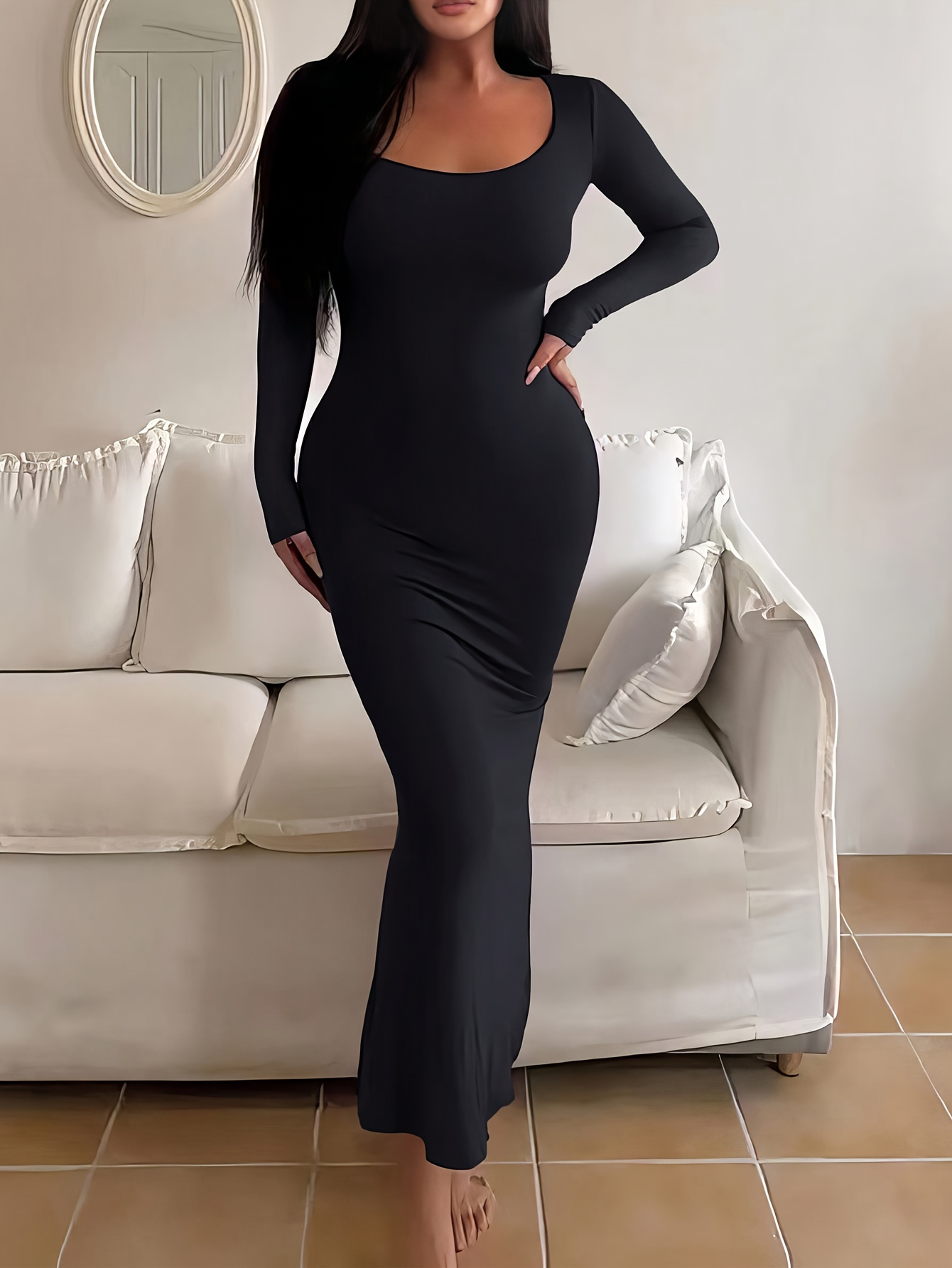 black long sleeve scoop neck dress Lulusia Scoop Neck Long Sleeve Mini Dress in Black