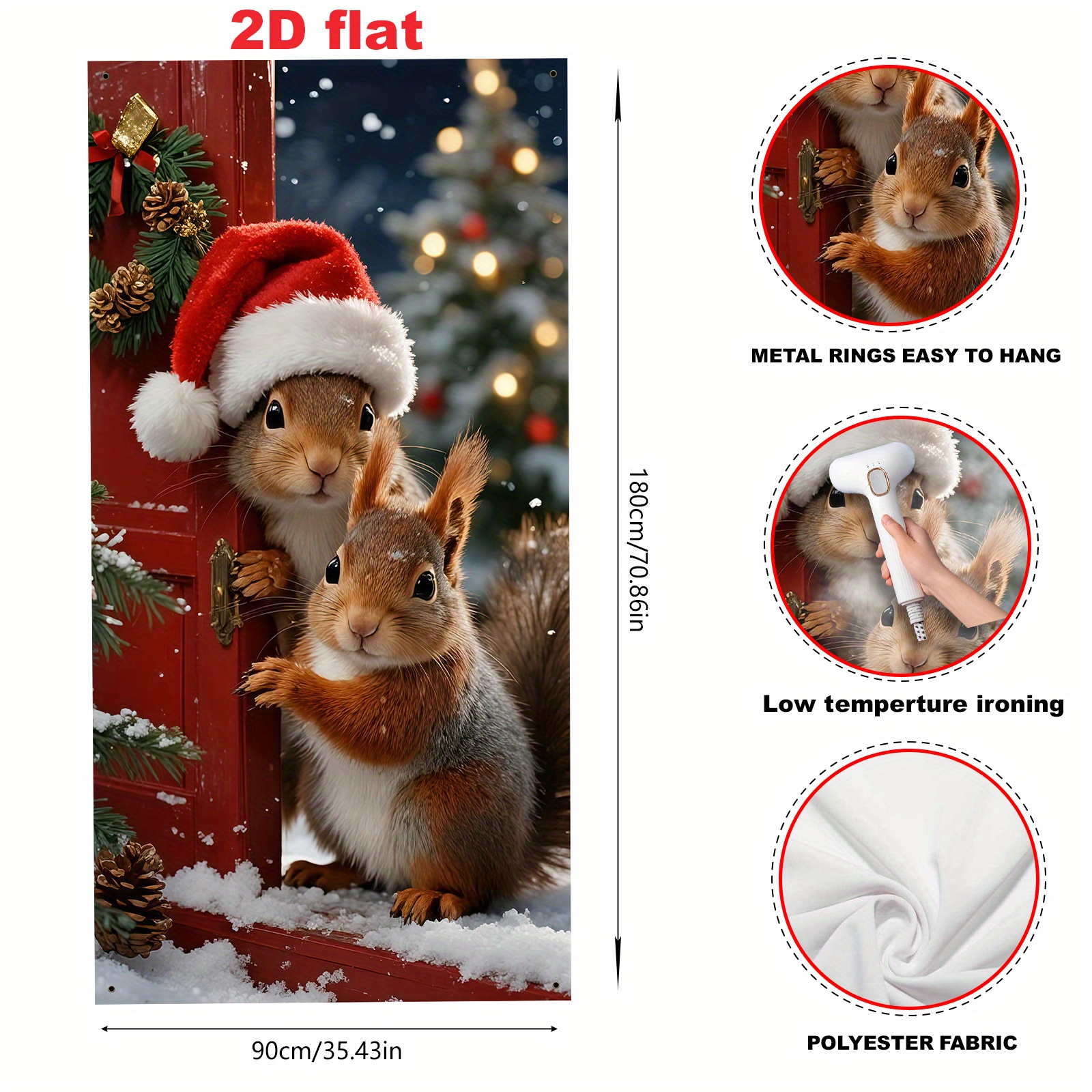 TEMU 2D Flach, 2D Türbanner, 1 Stück (35x70 Zoll/90x180cm), Polyester Winter-Weihnachtsmotiv mit Eichhörnchen in Santa-Hut & Baumdesign,