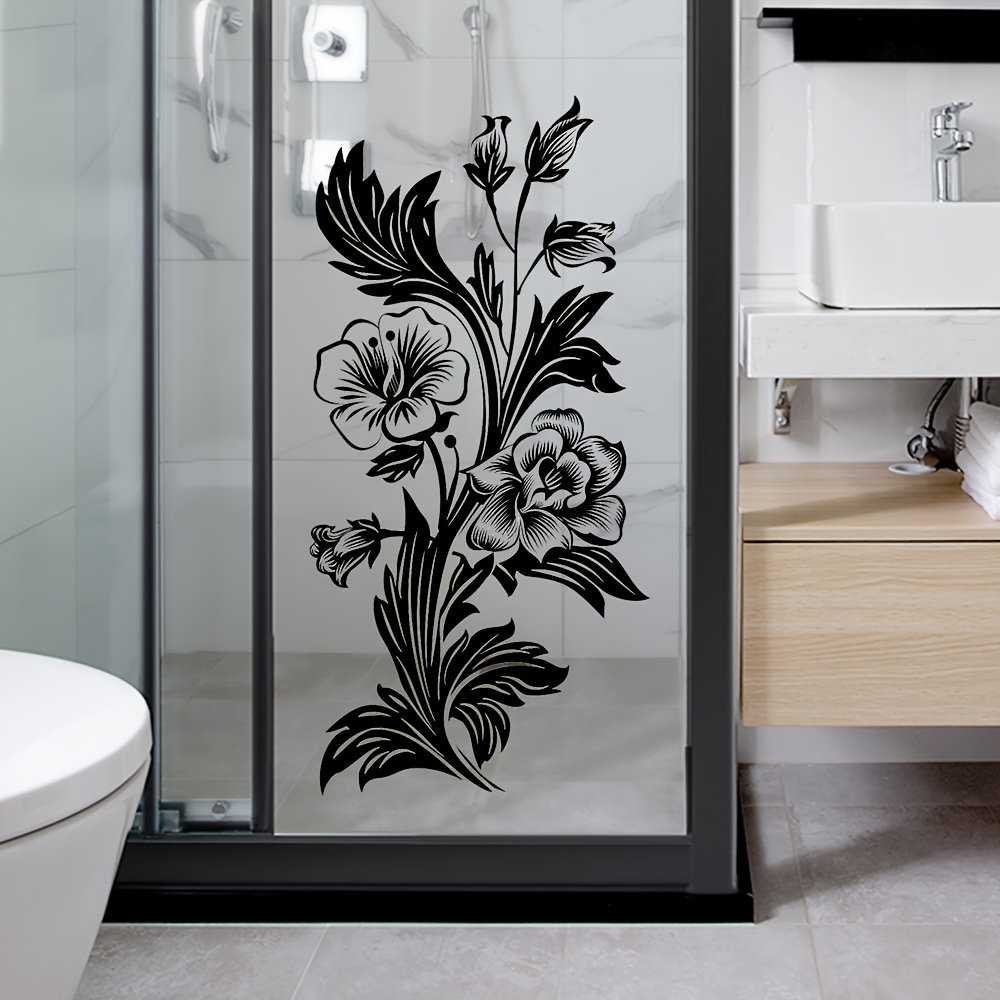 TEMU 1 adesivo per porta doccia - Elegante sticker con motivo vintage di piante, decorazione autoadesiva rimovibile per pannelli in vetro, accessorio