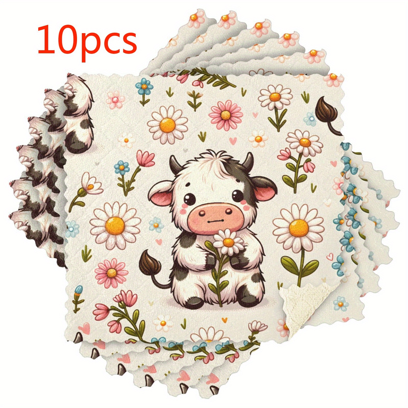 TEMU 3/6/10pcs Cute Flower Cow Kitchen Reusable Cleaning Cloths, Soft Sponge, Dish Towels, Suitable For Kitchen And Living Room Utensil Washing,