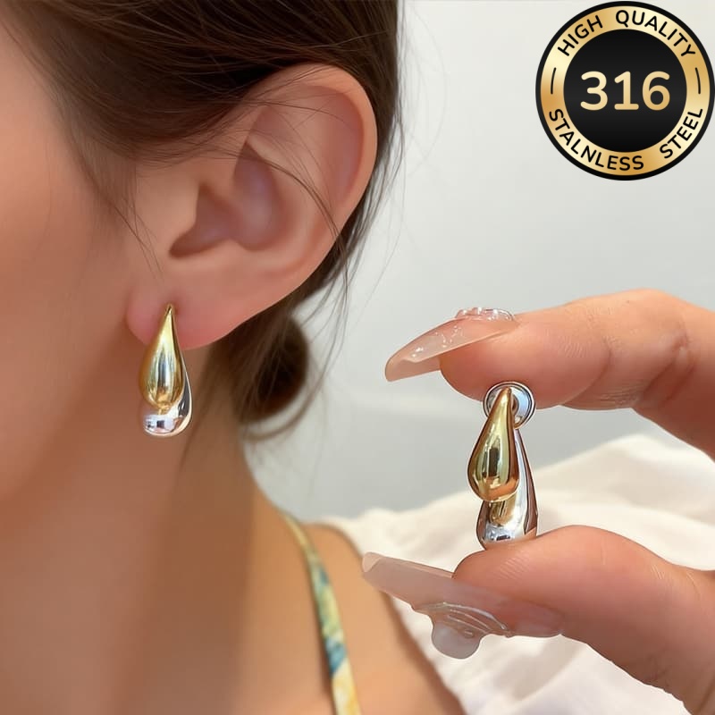 Women's Hypoallergenic Two-Tone Golden Silver Teardrop Stud Earrings