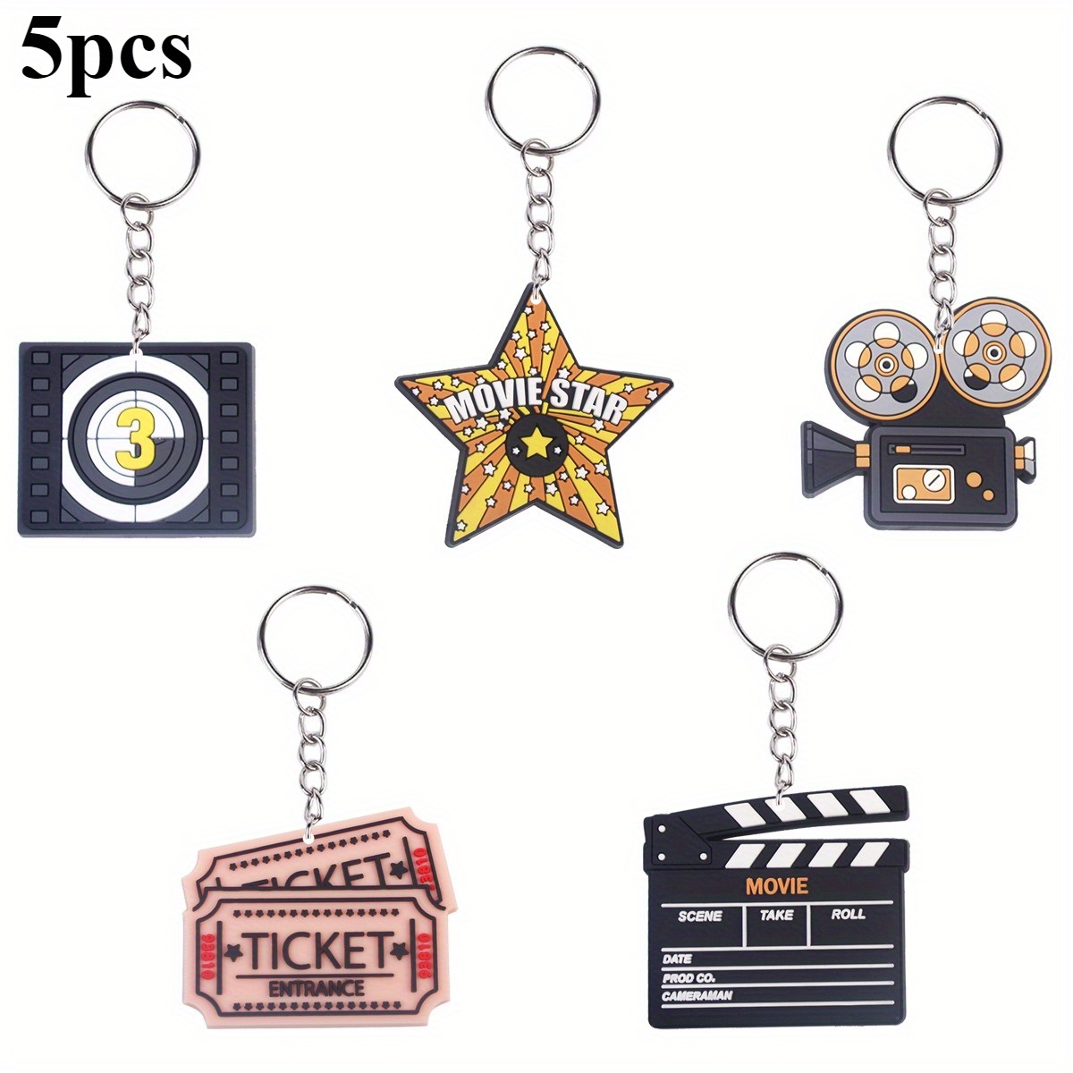 TEMU 5pcs Themed Keychain Ornament Set - Includes Opening Theme Board, Movie Ticket, Projector, And Star-shaped Ornaments. Suitable For Backpacks,