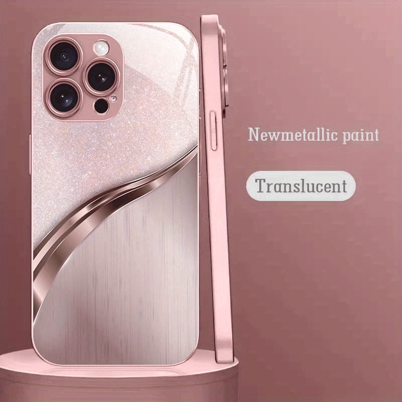 TEMU Phone Case - Pink Curve Pattern Pink Metallic Paint Glass Hard Phone Case Suitable For Iphone 16/16 Pro/16 Plus/16 Pro Max/ Pro/15 Pro Max/14/14