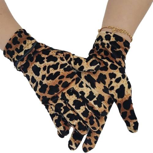 a pair of velvet gloves designed for performances and parties featuring leopard print additions thick warm gloves are suitable for autumn and winter cycling driving or casual providing and wind protection