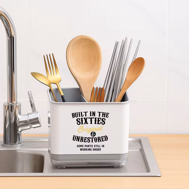 print kitchen utensil organizer cute utensil holder with spatula slot spoon fork compartments durable plastic countertop storage for farmhouse sink space saving black white utensil organizer for spoons knives spatulas Product details 0