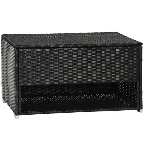 outdoor deck box and shoe storage rack with towel holder black pe rattan wicker design for patio tools and more durable metal frame with liner for indoor outdoor use garden storage rack decorative storage woven rattan design outdoor storage rack