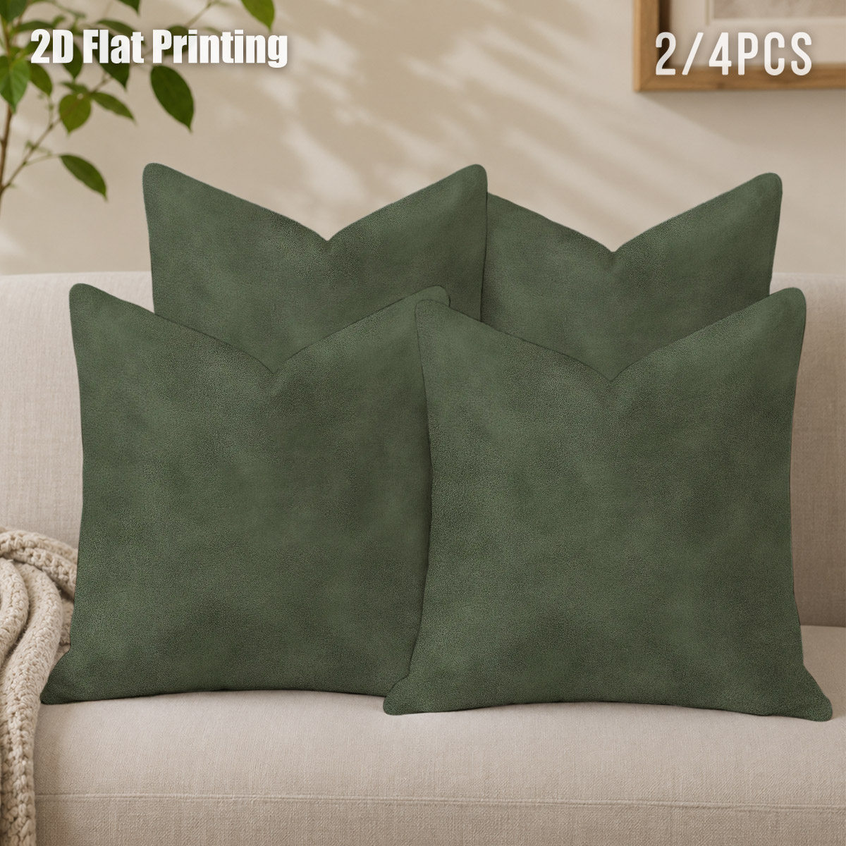 TEMU 2d Flat 2/4pcs Elegant Soft Dark Green Solid Tone Cushion Covers, Double Prints Muted Texture, For Room, Relaxing Reading Nook, Apartment , New