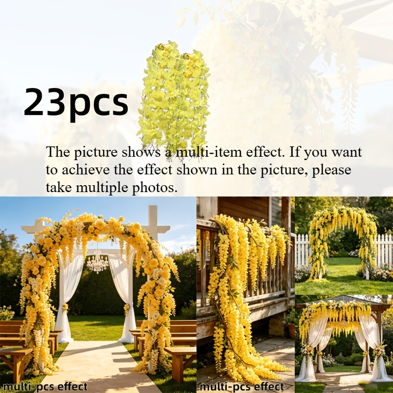 TEMU Total Length 11.5m-23pcs Ultra-long Pack Of Artificial Wisteria Yellow Vine - Realistic Fake Hanging , Dense Flowers, Individual Petal Plastic