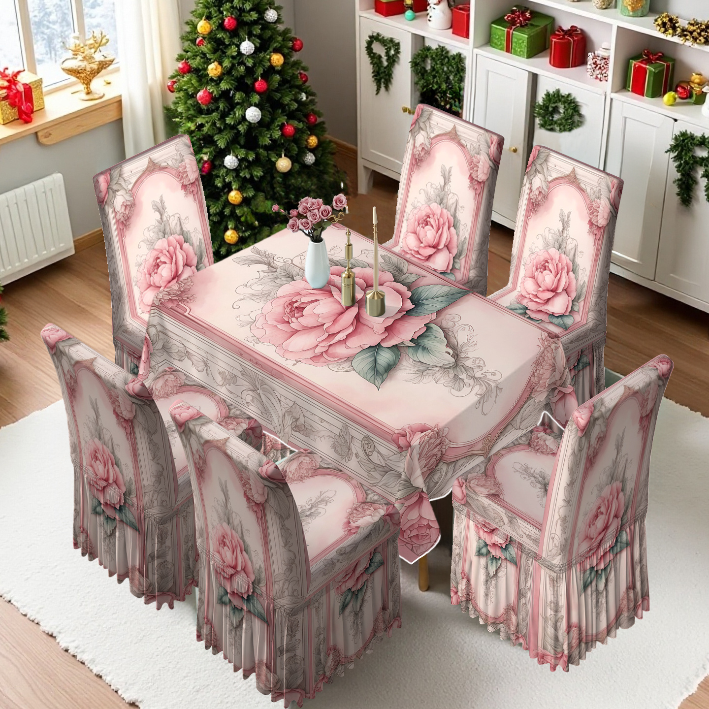 TEMU Tablecloth And Chair Cover Set, Pink Peony Floral Pattern, Elegant Rectangular Tablecloth And Flared Chair Covers, Holiday Gift, Suitable For