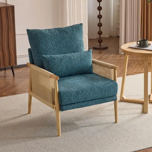 comfortable chenille armchair with lumbar pillow and rattan armrests modern lounge chair reading chair suitable for living room bedroom study room